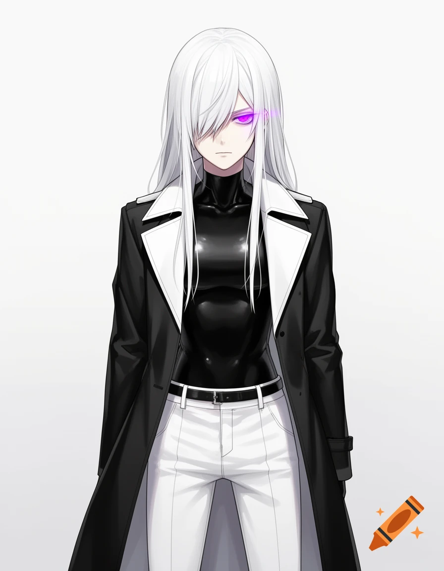 Anime character with long white hair, one glowing purple eye, wearing a black turtleneck, black trench coat, and white pants.