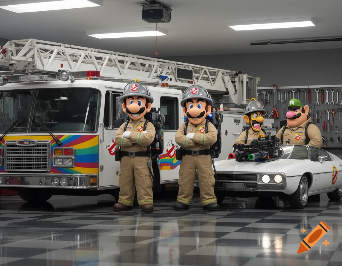 Mario, Luigi, Wario, and Waluigi mascots dressed as Ghostbusters in a garage with a fire truck and a white car.