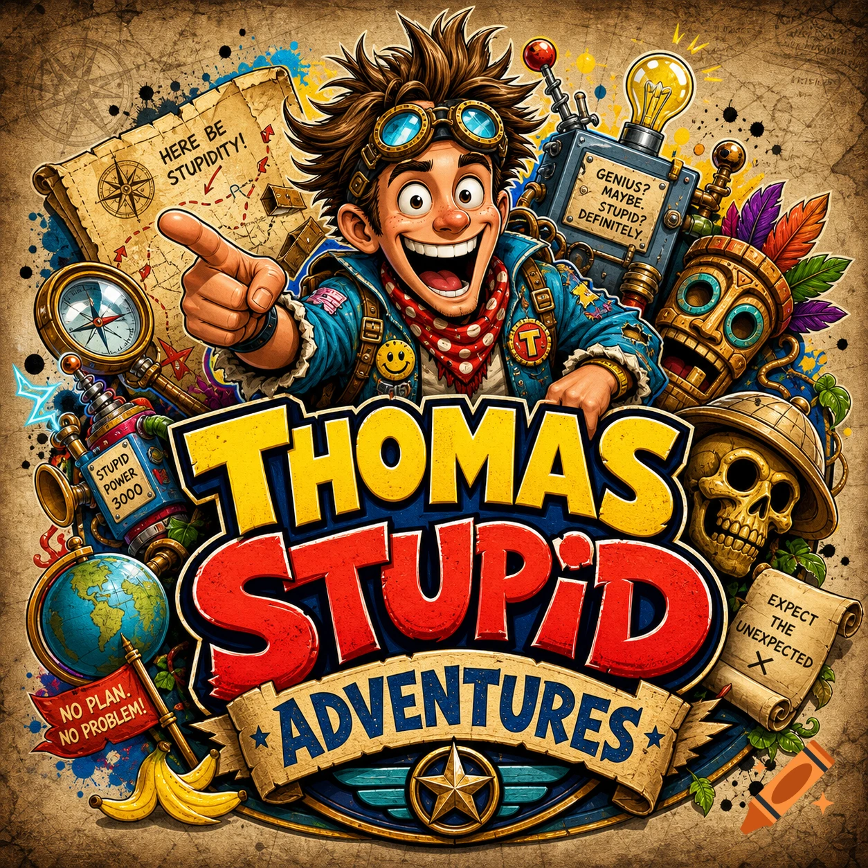A vibrant, detailed cartoon logo for "Thomas Stupid Adventures," featuring a wide-grinning boy in goggles amidst a treasure map, compass, and skull.