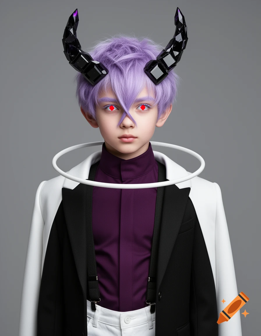 A young boy with lavender hair, red eyes, and black crystalline horns, wearing a purple shirt, black tailcoat, white pants, and a white oval hoop.