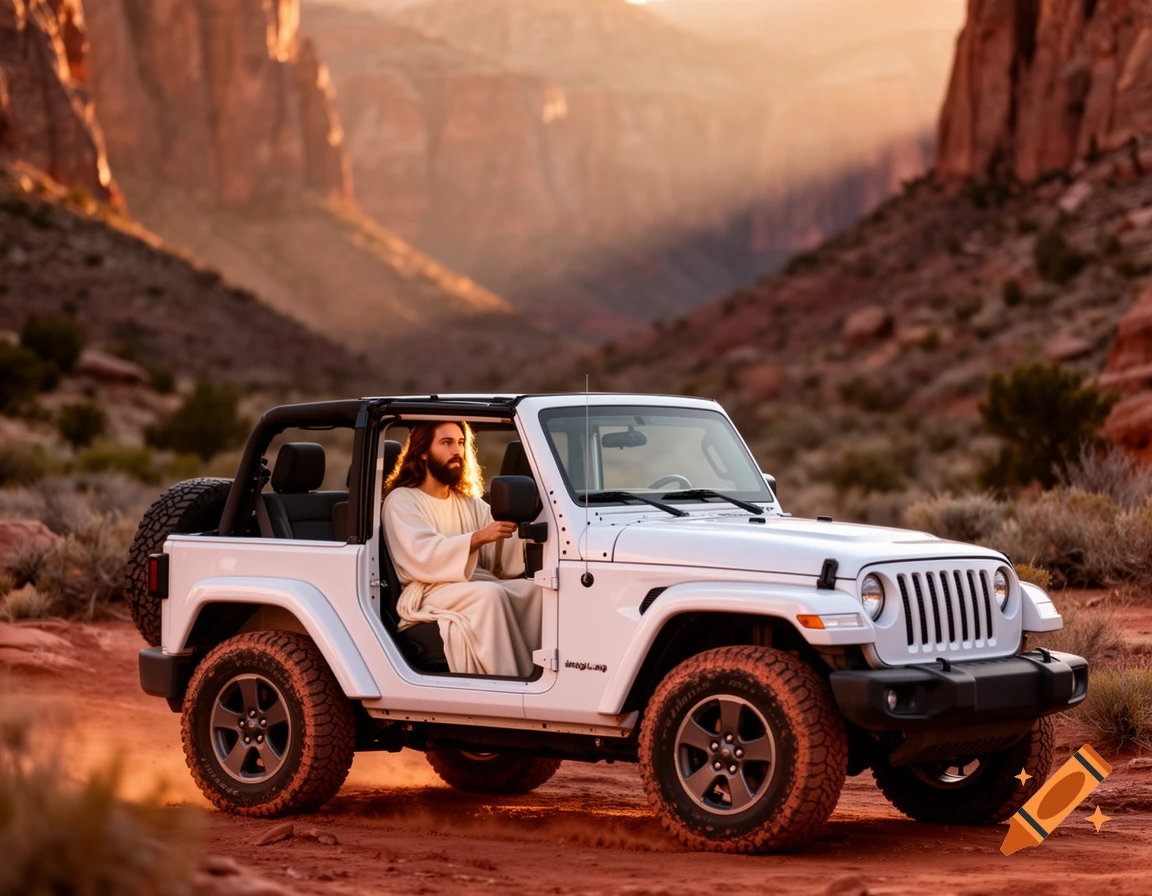 Jesus with long hair and a white robe drives a white Jeep through a red rock desert canyon at sunset, photorealistic.