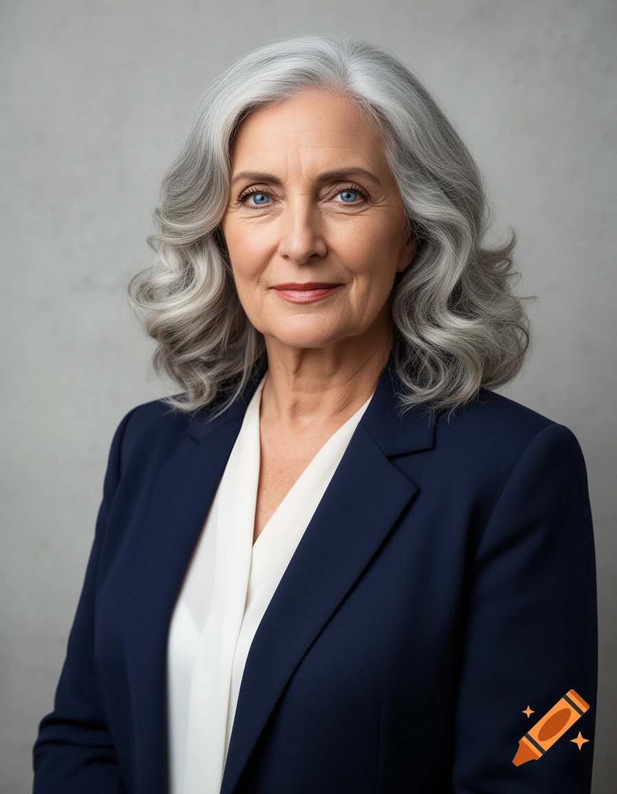 A professional woman with grey hair and blue eyes, wearing a navy blazer over a white blouse, smiles confidently.