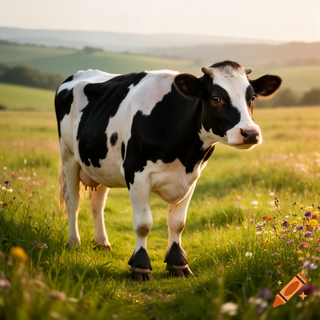 A black and white Holstein cow stands in a sunny green meadow filled with wildflowers.