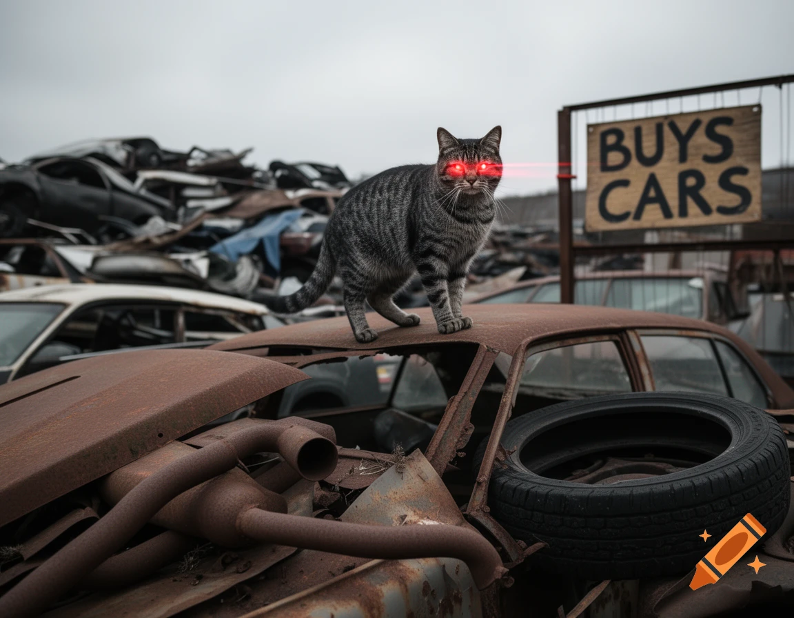 A photorealistic tabby cat with red laser eyes stands on a rusty car in a junkyard, with a 'BUYS CARS' sign.