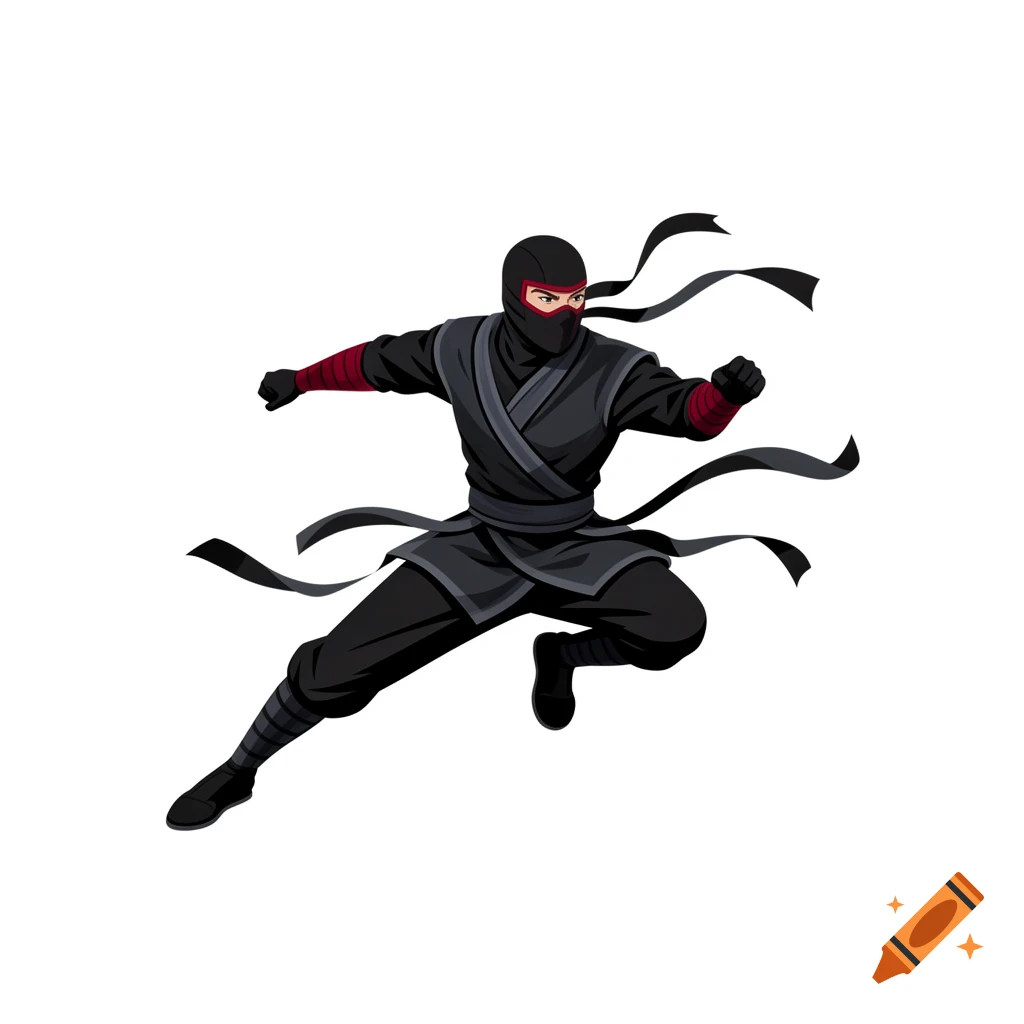 A stylized illustration of a ninja in a dynamic jumping pose, wearing a black suit with red accents and flowing black ribbons.