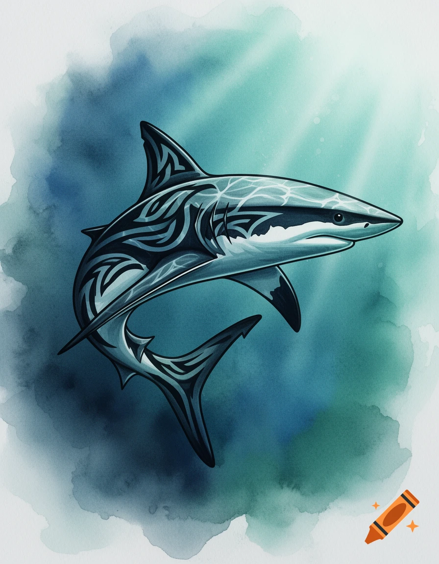 A stylized tribal shark in cool blue and grey tones, swimming against a soft blue and green watercolor background.