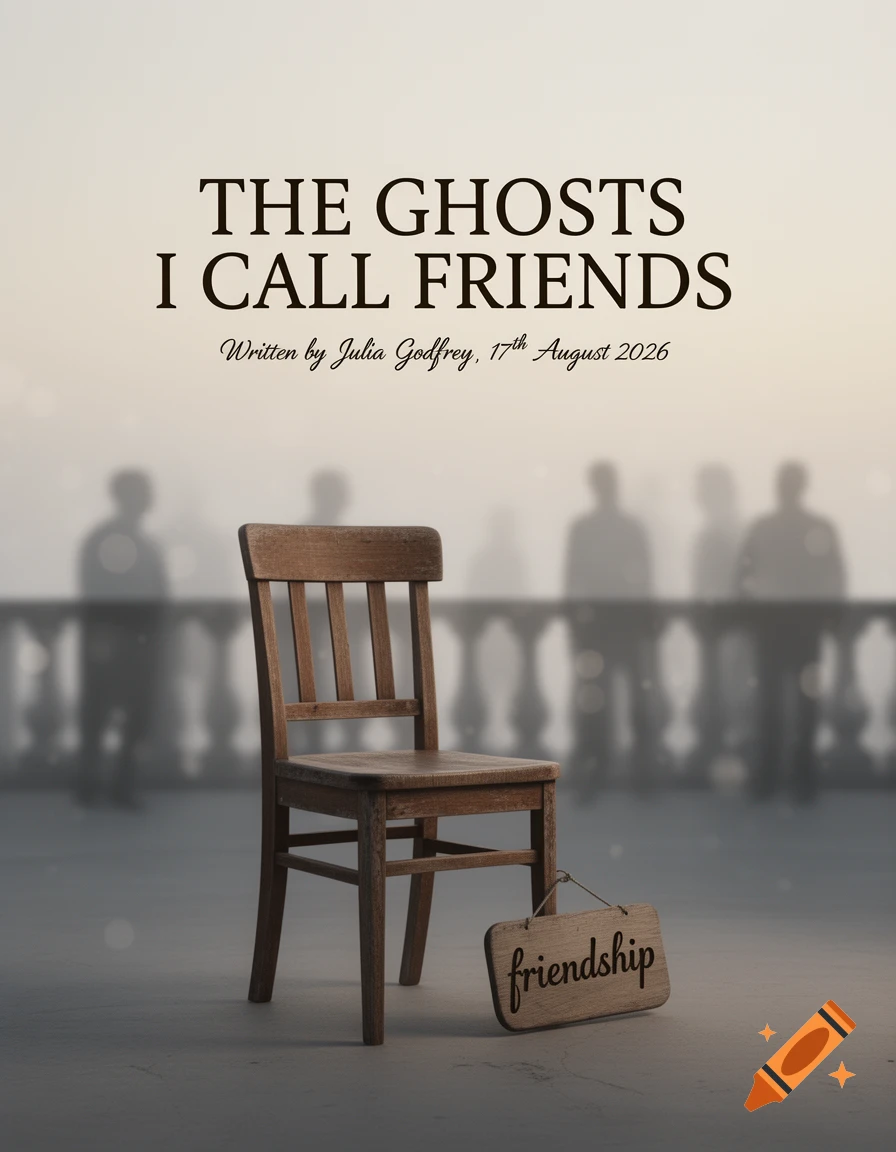 A wooden chair with a 'friendship' sign in front of blurred, ghostly figures, beneath the title 'THE GHOSTS I CALL FRIENDS'.