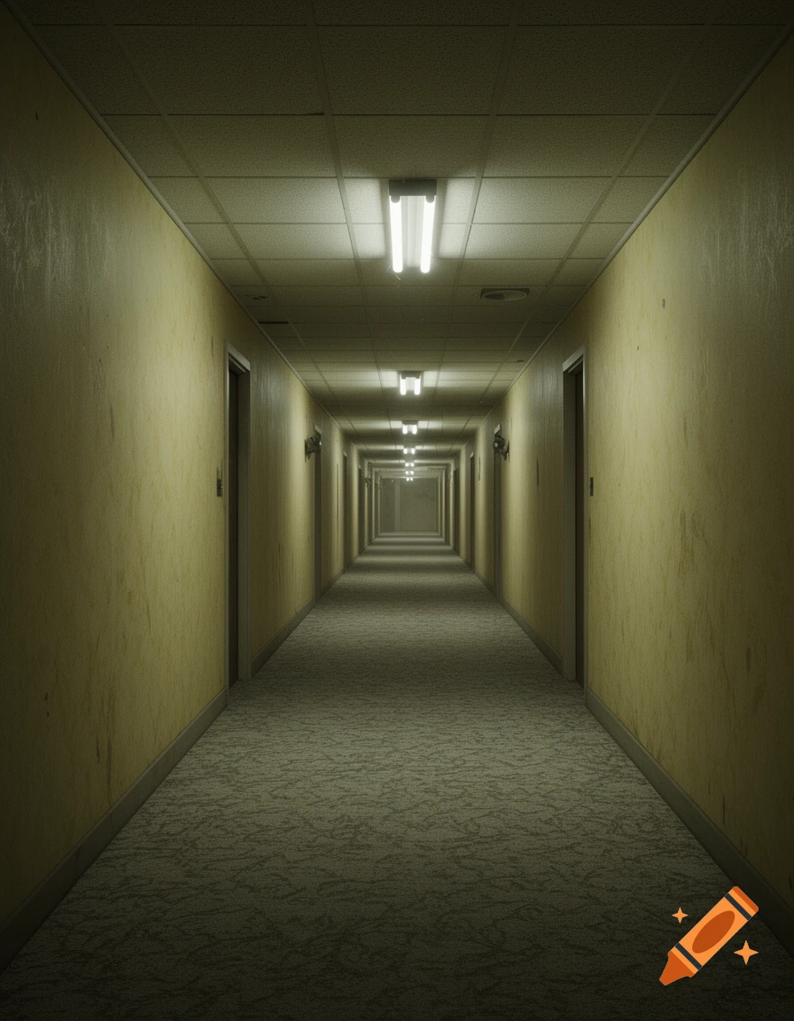 A long, dimly lit, narrow hallway with dirty yellow walls, grey carpet, and fluorescent lights stretching into the distance.