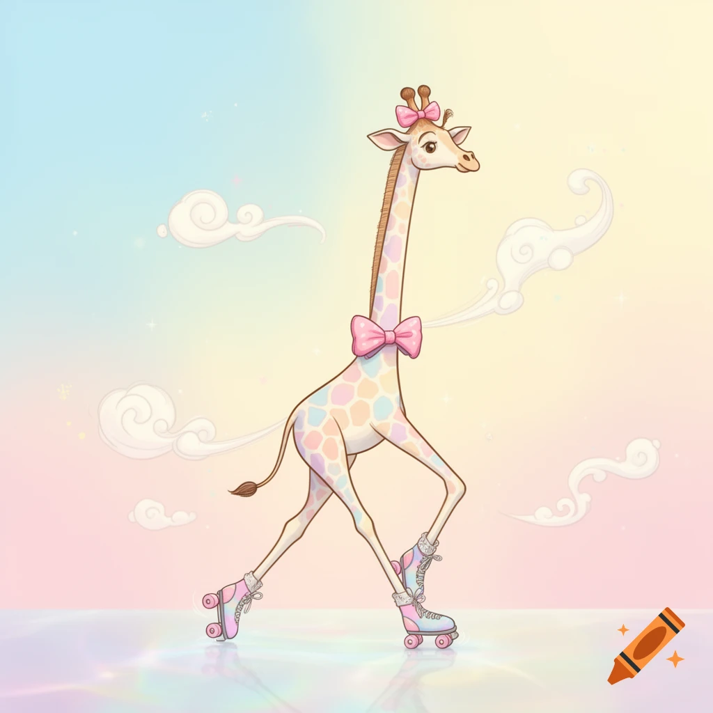 Whimsical cartoon female giraffe wearing a pink bow on her head and a bowtie, roller skating against a pastel rainbow background with clouds.