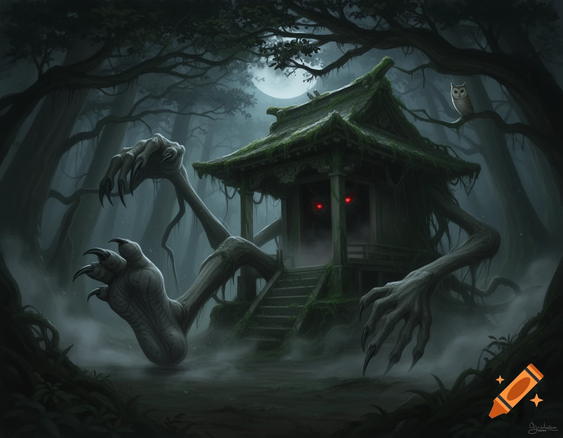 A monstrous, moss-covered Japanese shrine with glowing red eyes and long, clawed limbs emerges from a foggy, moonlit forest, with an owl on a branch.