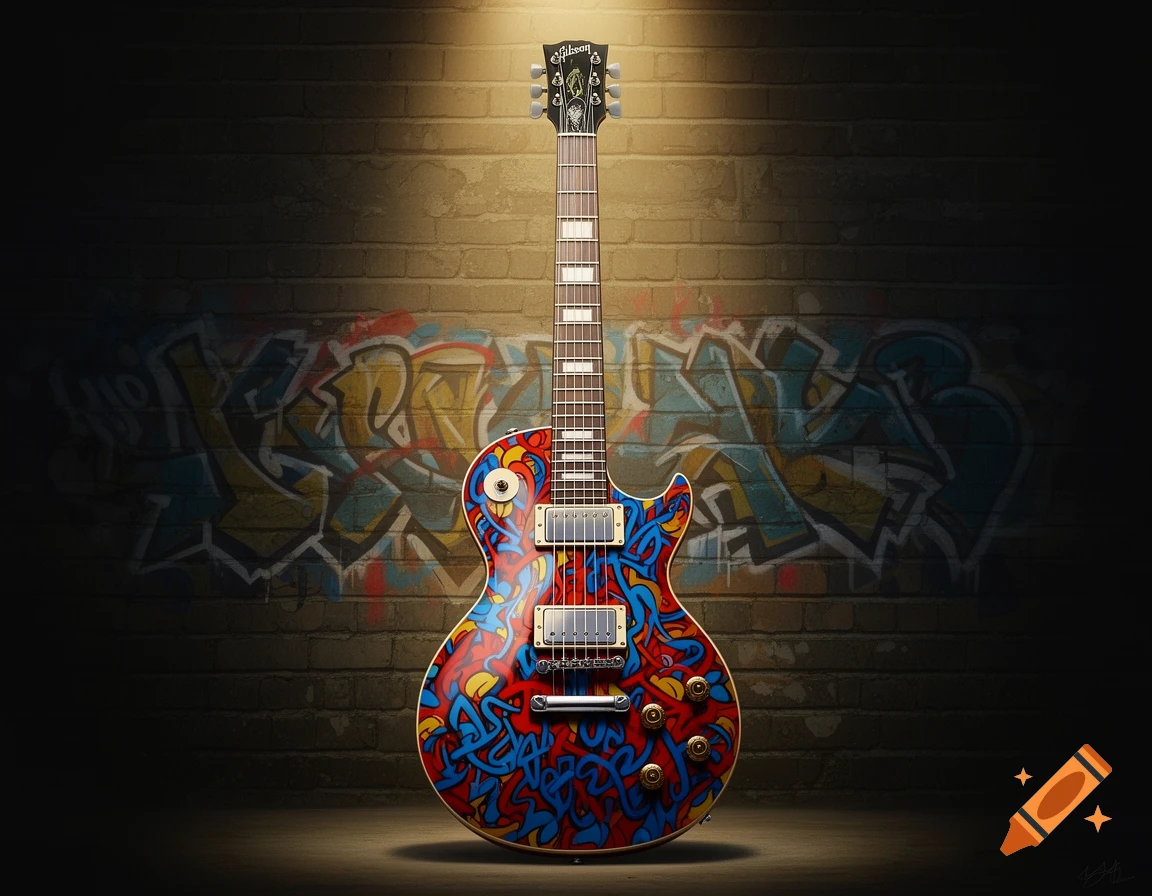 A Gibson Les Paul style electric guitar with a colorful red and blue graffiti finish, standing against a brick wall also covered in graffiti, illuminated by a spotlight.