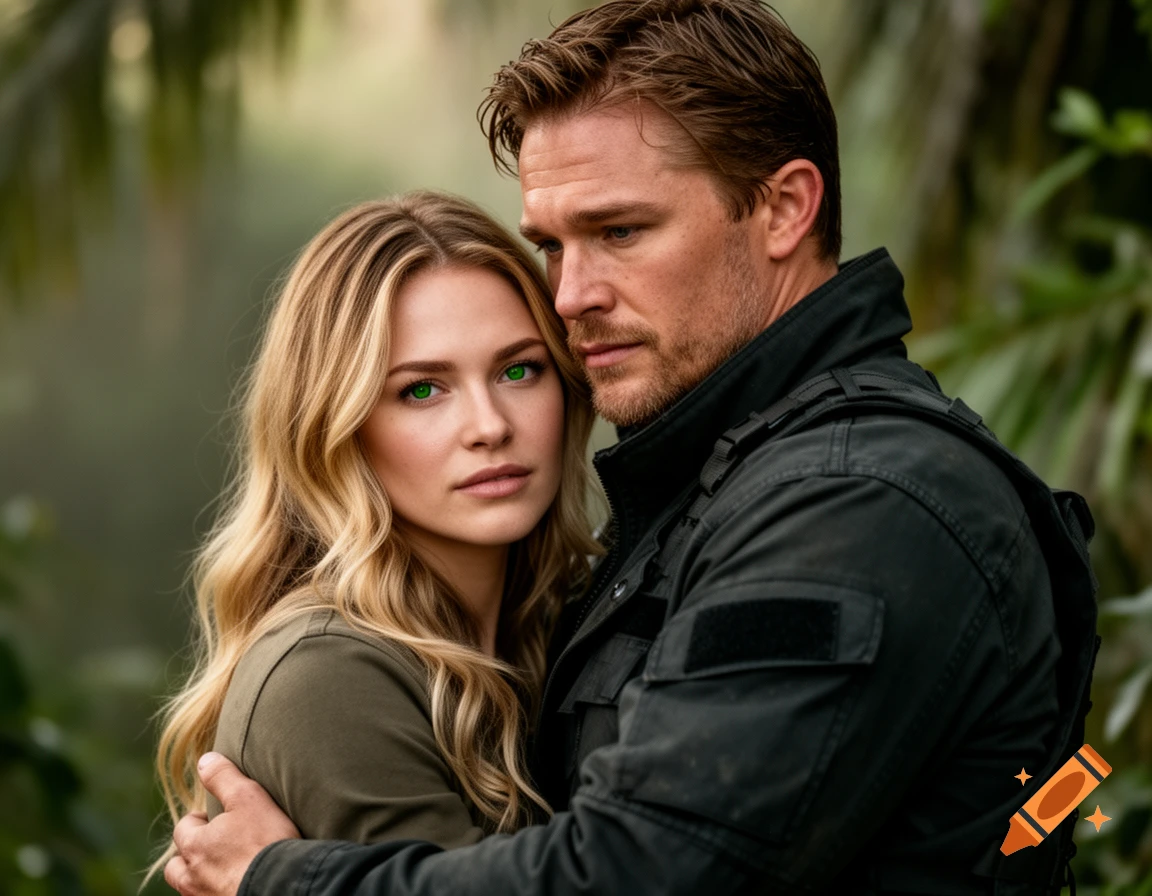A man in a black tactical jacket embraces a serious-looking woman with vivid green eyes and blonde hair in a green outdoor setting.