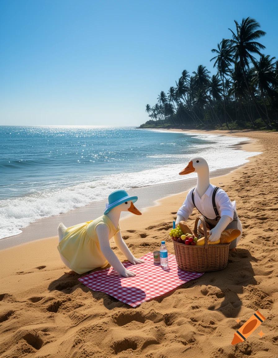 Two anthropomorphic ducks enjoy a picnic on a sunny beach with palm trees and sparkling blue water.