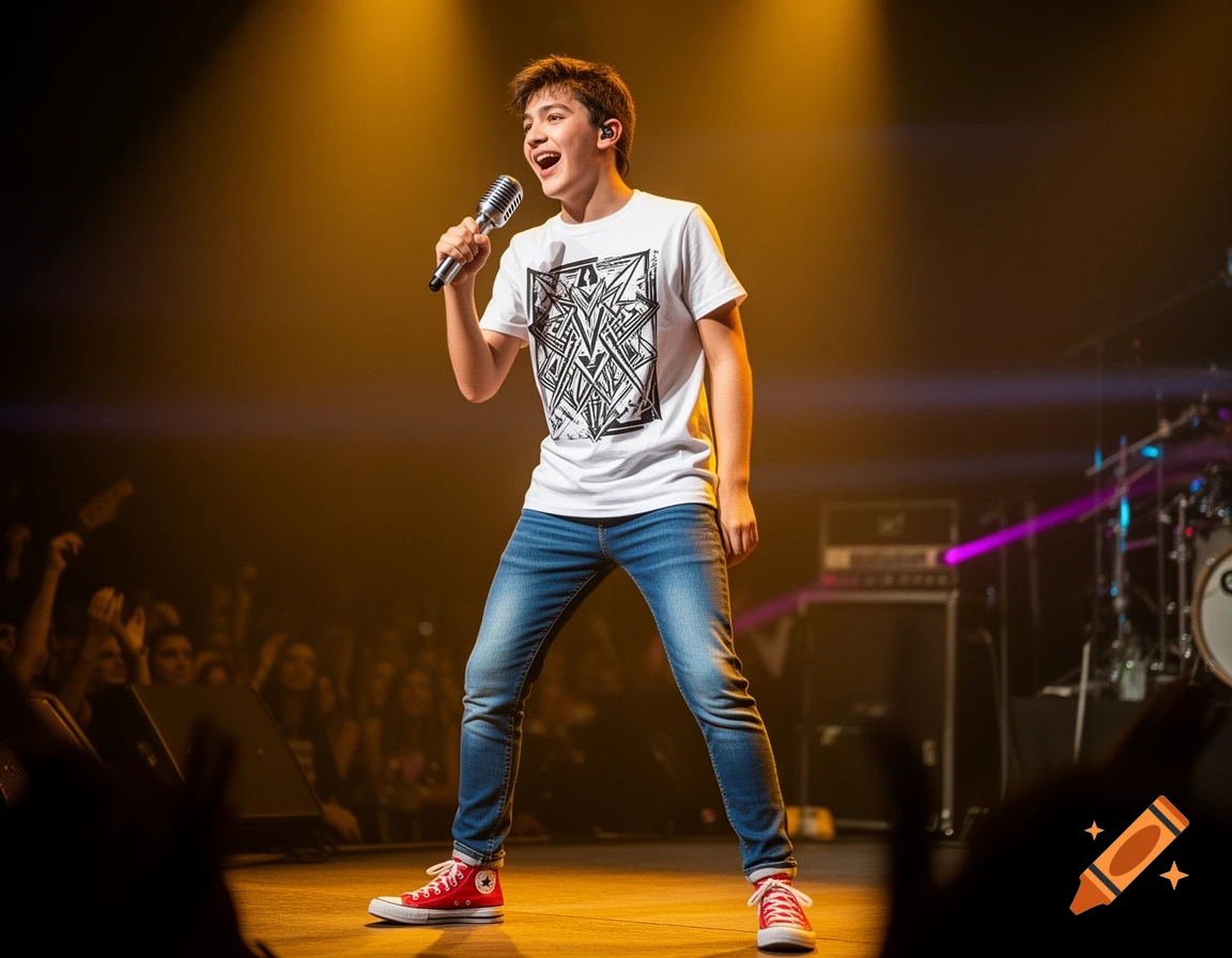 A young man sings into a microphone on a concert stage, wearing a white band t-shirt, blue jeans, and red Converse shoes, bathed in golden light.