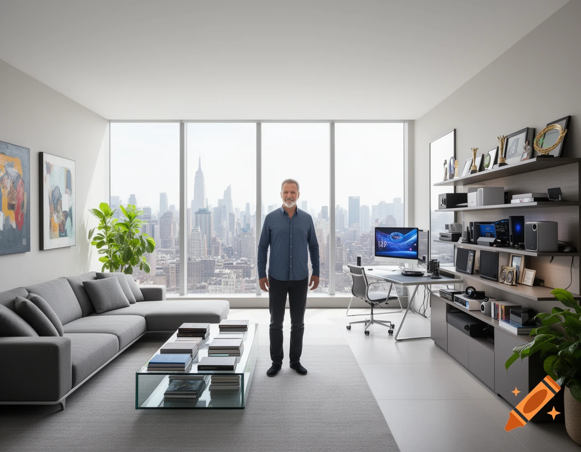 A middle-aged man stands in a modern, minimalist apartment with a city skyline view, featuring a large grey sectional sofa, a glass coffee table, and a home office setup.