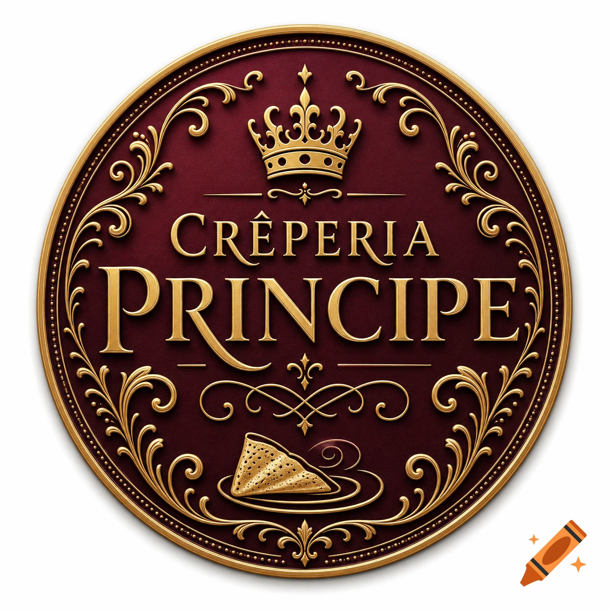 Round, elegant logo with gold lettering 'Crêperia Principe' on a red background, featuring a crown and a stylized crepe.