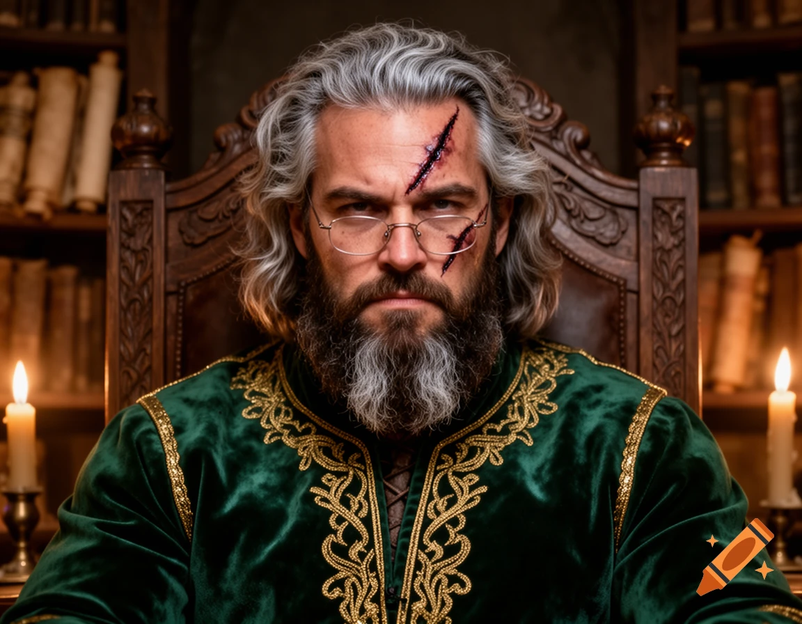 A bearded man with a scar on his face and spectacles, wearing a rich green and gold robe, sits in a dimly lit room with bookshelves.
