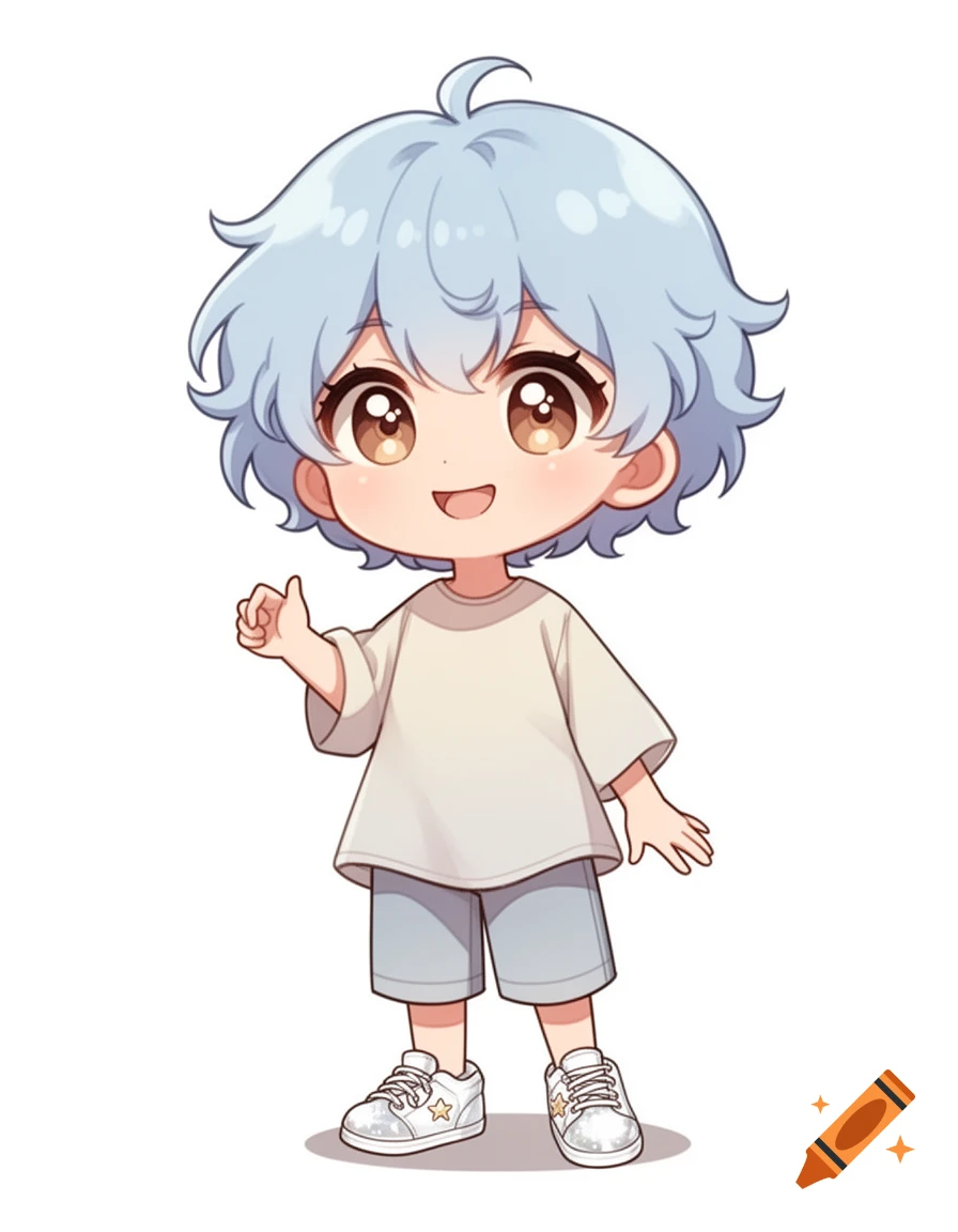 A cute chibi anime boy with light blue messy hair and big brown eyes smiles while giving a thumbs up. He wears a white t-shirt, light blue shorts, and white sneakers with yellow stars.