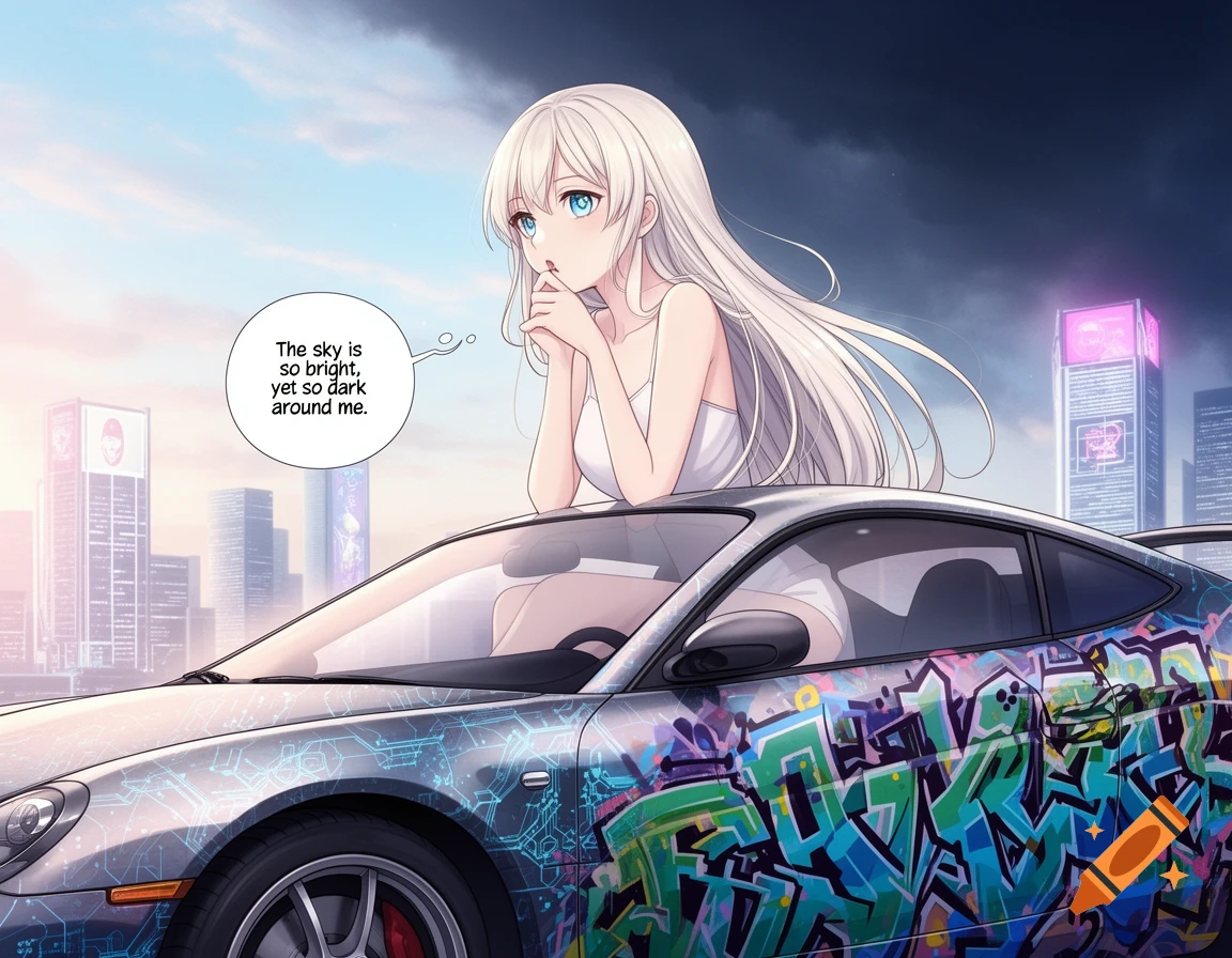 An anime woman with long white hair sits on a sports car covered in colorful graffiti, with a city background at sunset.