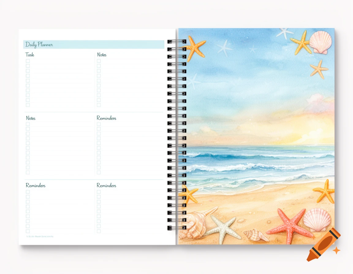 A spiral-bound daily planner open to a page with task lists and a watercolor cover featuring a beach, sea, starfish, and seashells.