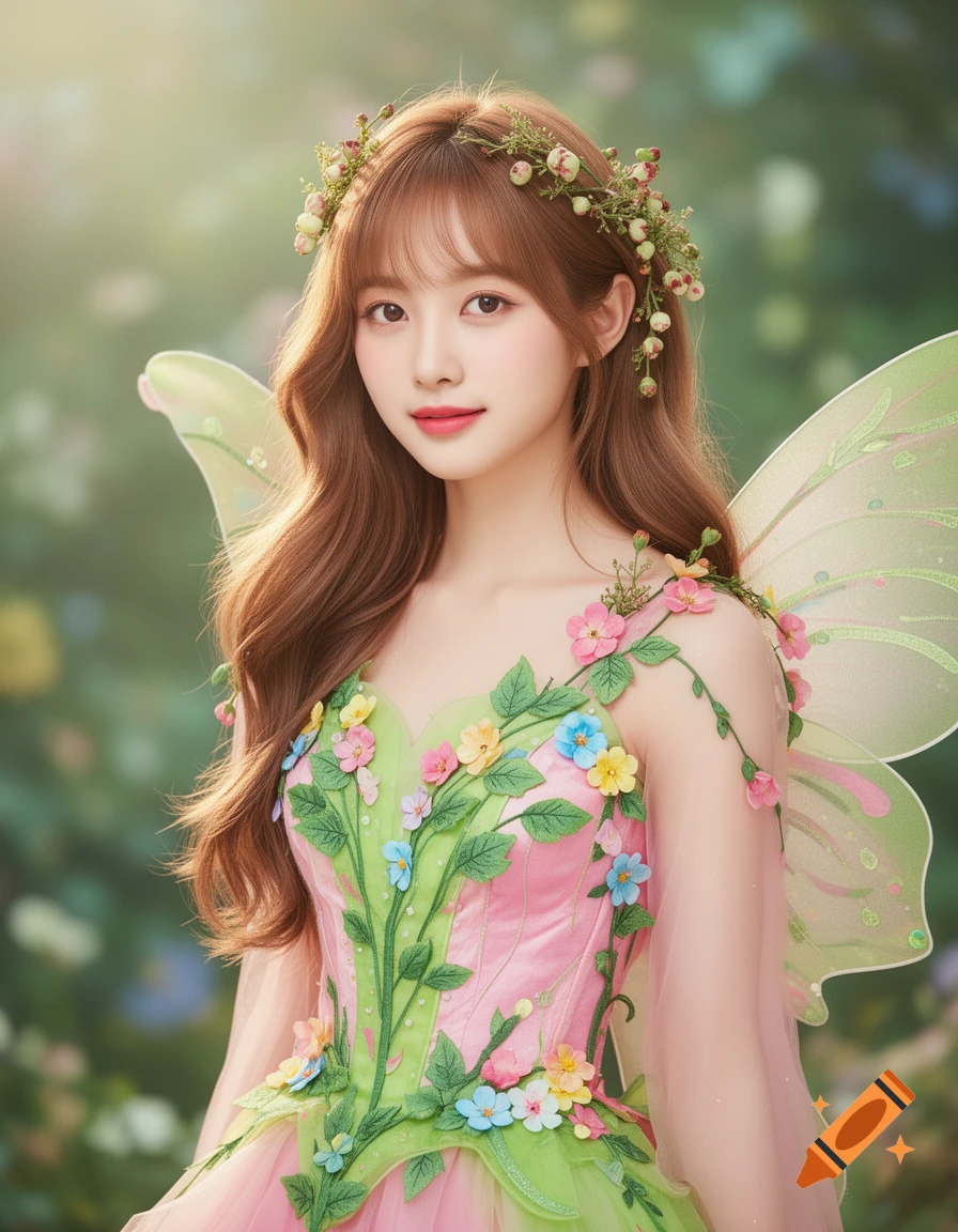 A k-pop idol girl as a nature fairy, wearing a pink and green flower-adorned outfit with wings in a bright, soft outdoor setting.