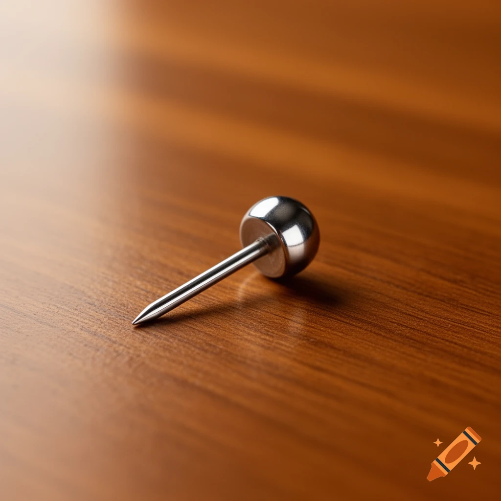 A shiny silver pushpin with a spherical head and a sharp point lies on a polished wooden table.