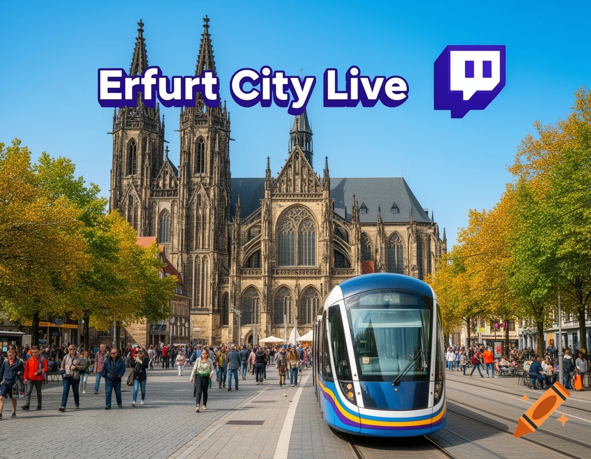 Photorealistic view of Erfurt's cathedral square with a blue tram, people, and 'Erfurt City Live' text with a Twitch logo.