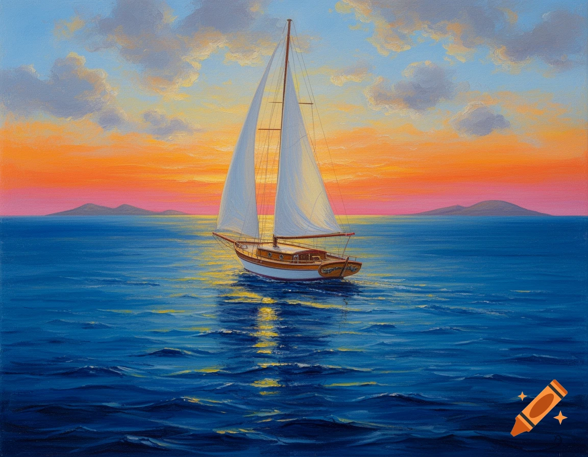 A hand-painted sailboat with white sails floats on a blue ocean under a vibrant orange and pink sunset, with distant islands.
