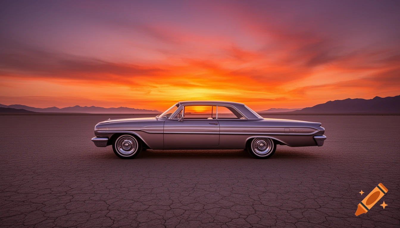 A classic gray car sits on cracked dry earth during a vibrant orange and purple sunset in a desert landscape, with mountains in the background.