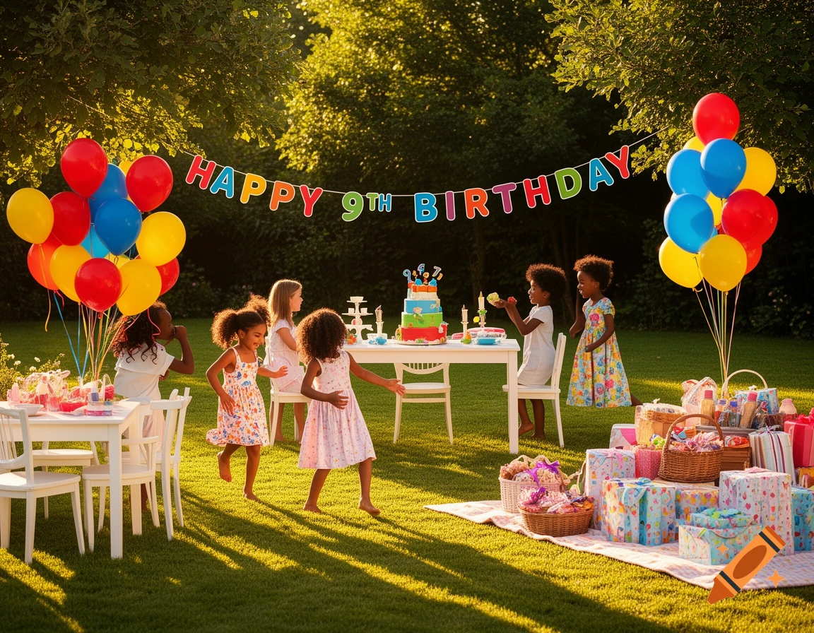 Photorealistic image of children celebrating a 9th birthday party outdoors in a sunny garden with balloons, cake, and gifts.