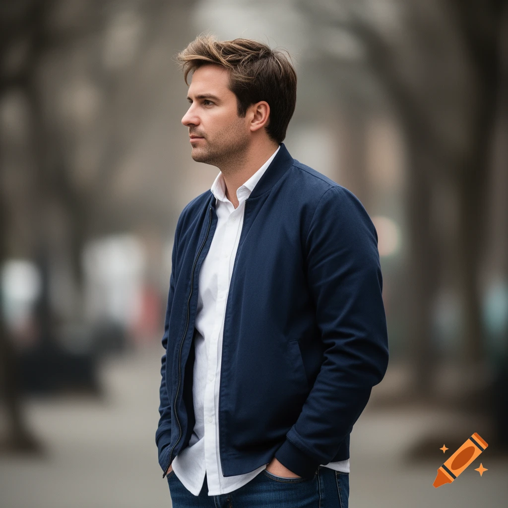 Photorealistic portrait of a man in a navy bomber jacket and white shirt, hands in pockets, looking left outdoors.