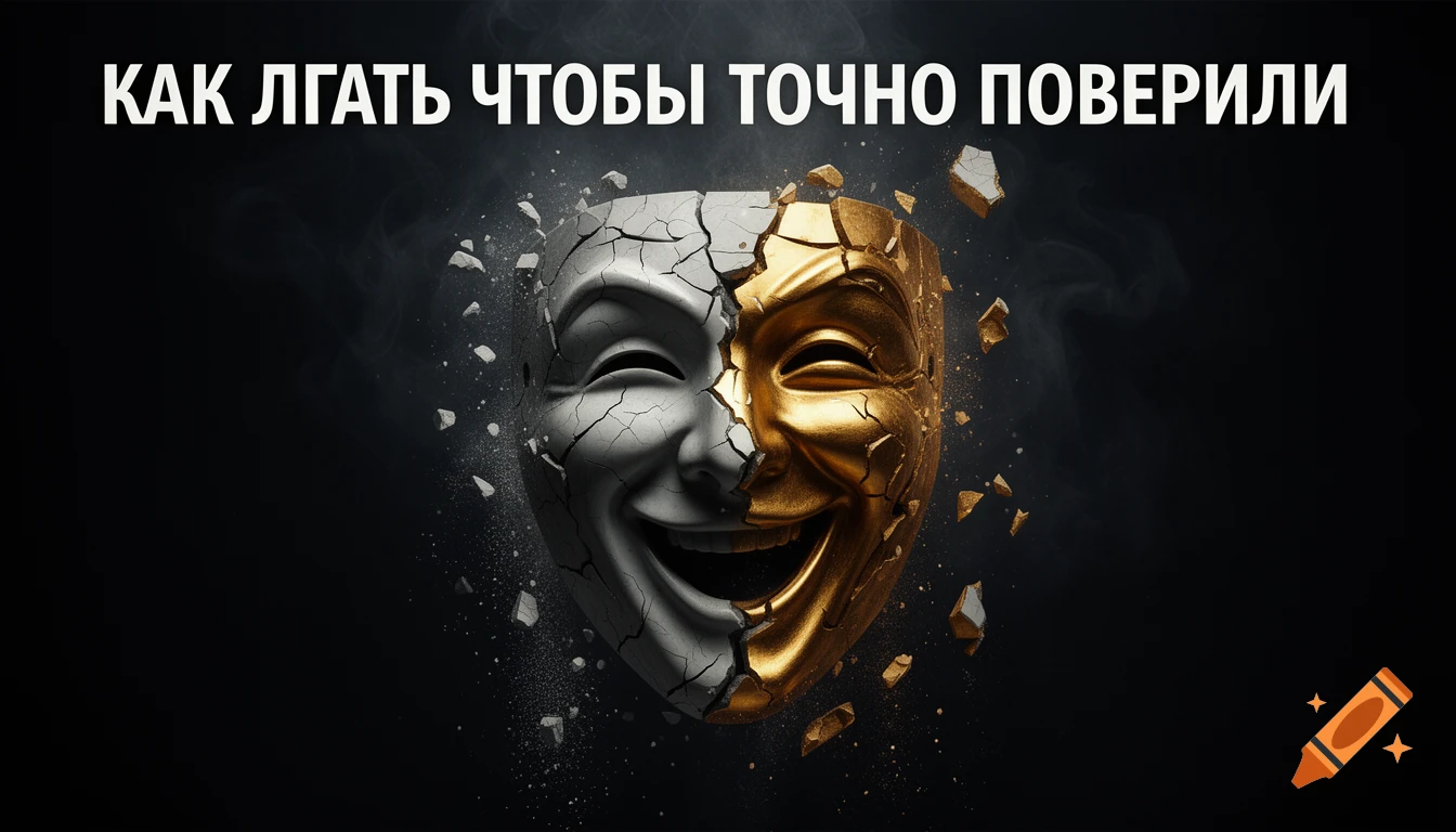 A cracked grey tragic mask crumbles to reveal a golden laughing mask, with Russian text ". "". ". ." across the top.
