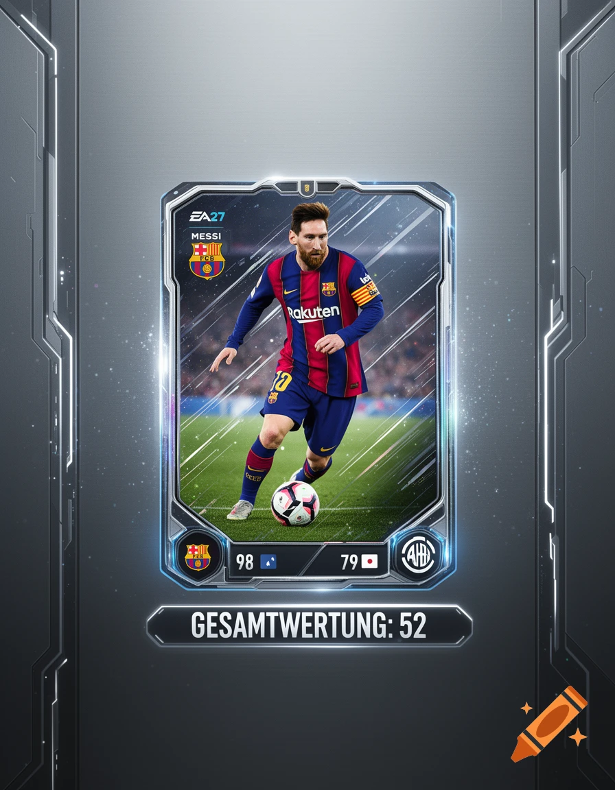 Photorealistic image of soccer player Lionel Messi on a futuristic EA FC27 trading card, wearing a Barcelona kit, dribbling a ball, with various stats and an overall rating of 52.
