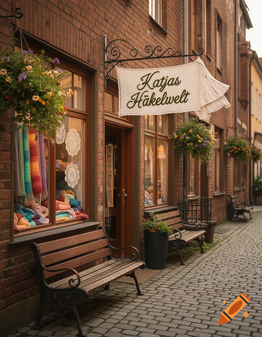 Photorealistic view of a charming brick shopfront named "Katjas Häkelwelt," featuring benches, hanging flowers, and crocheted items in the window, on a cobblestone street.