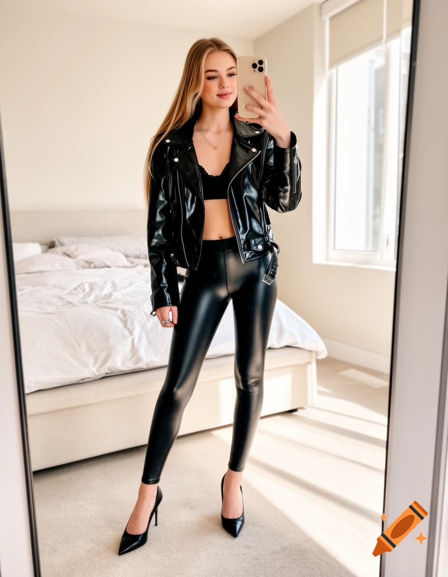 Young woman in a black leather jacket, bralette, and leather leggings takes a mirror selfie with her phone.