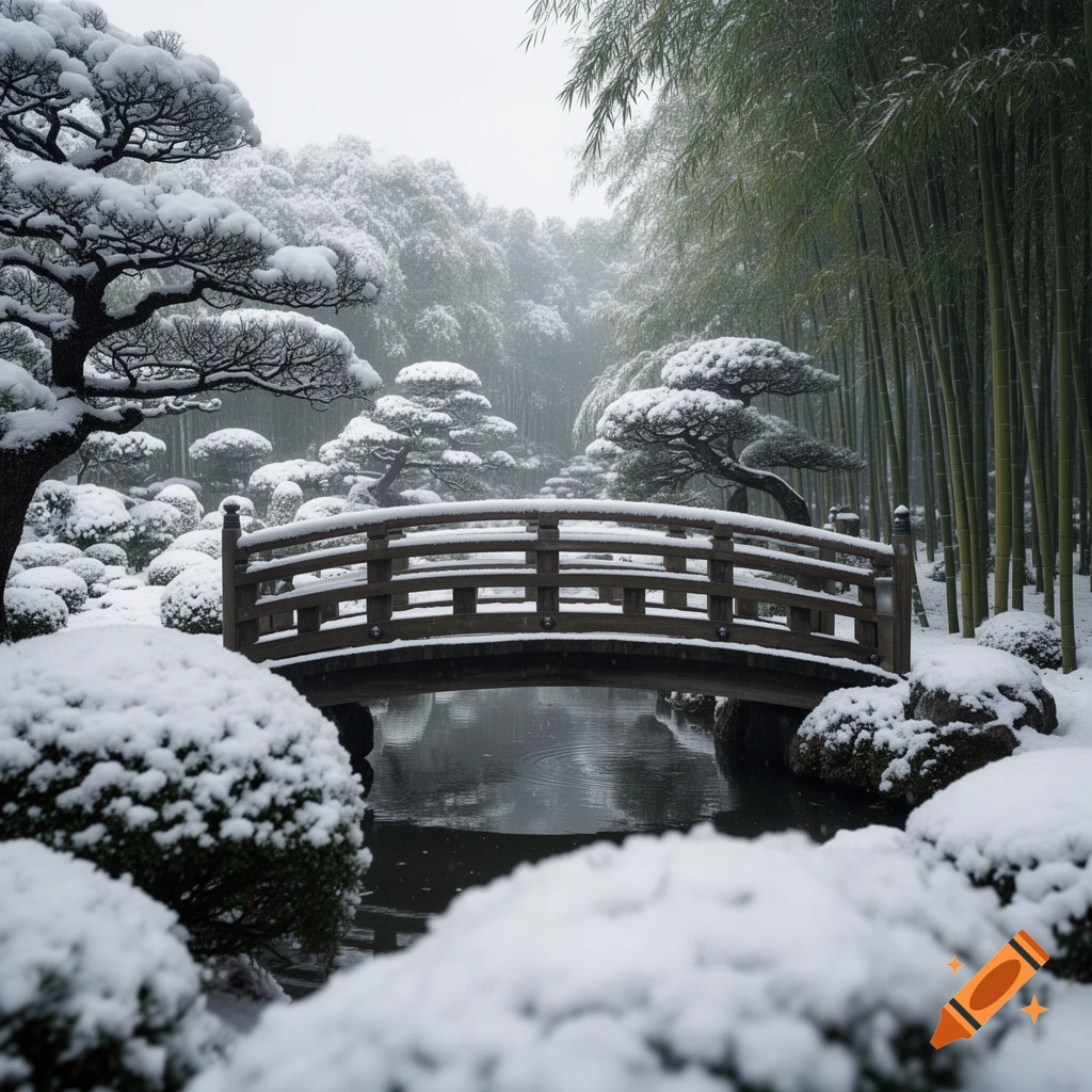 A serene snowy Japanese garden with a wooden bridge over a stream, surrounded by snow-covered trees and bamboo.