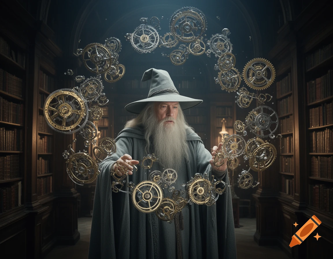 A wizard with a long white beard and a pointed hat, wearing grey robes, stands in a dimly lit library, surrounded by floating gold and silver clockwork gears.