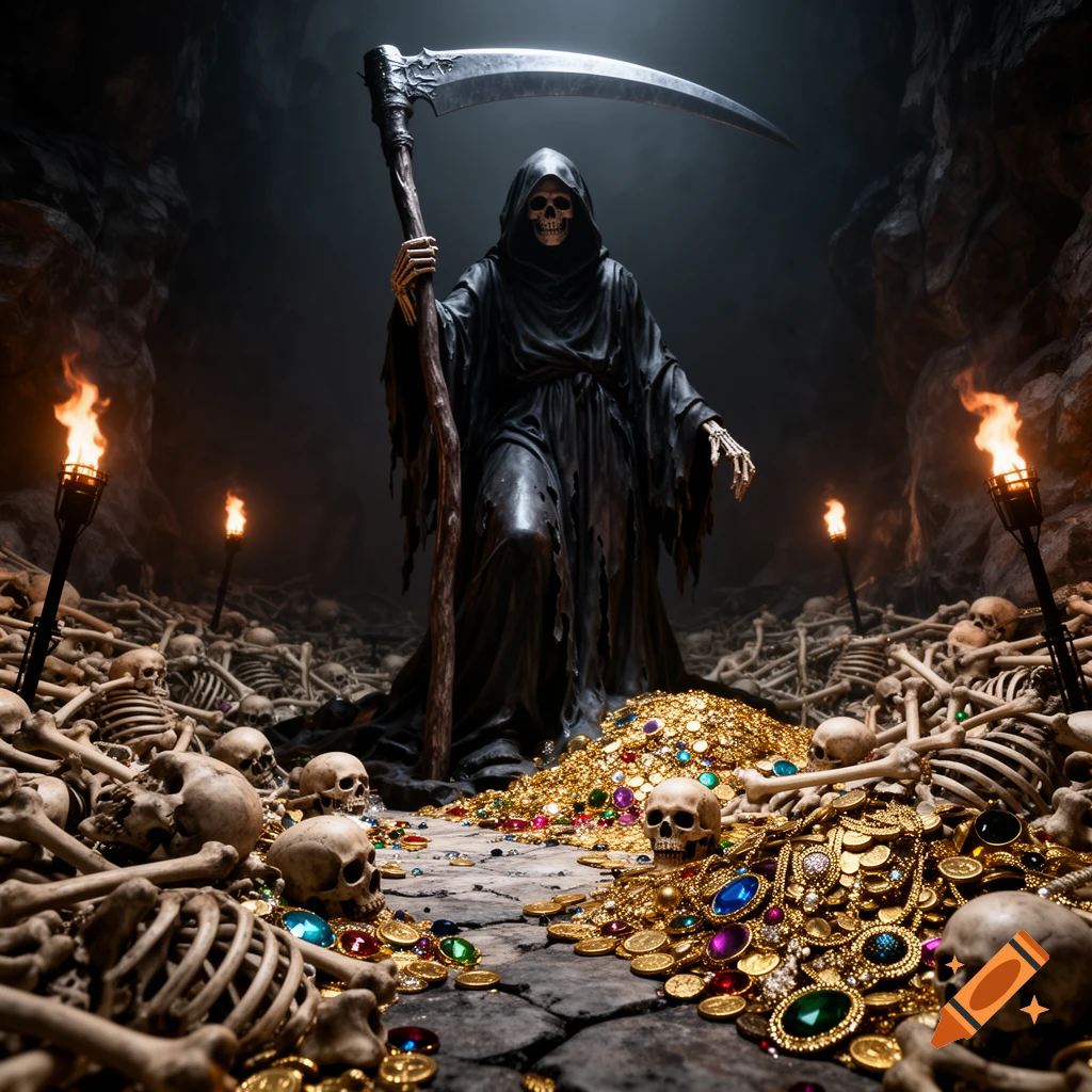 Photorealistic Grim Reaper in a dark cave, holding a scythe amidst piles of bones and gleaming gold treasure, lit by torches.