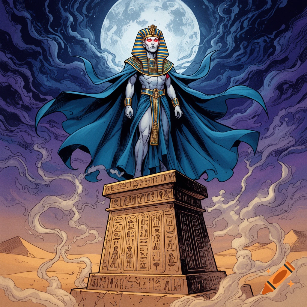 A pharaoh-vampire with glowing red eyes stands on an ancient pedestal with hieroglyphs under a full moon in a desert, in comic book art style.