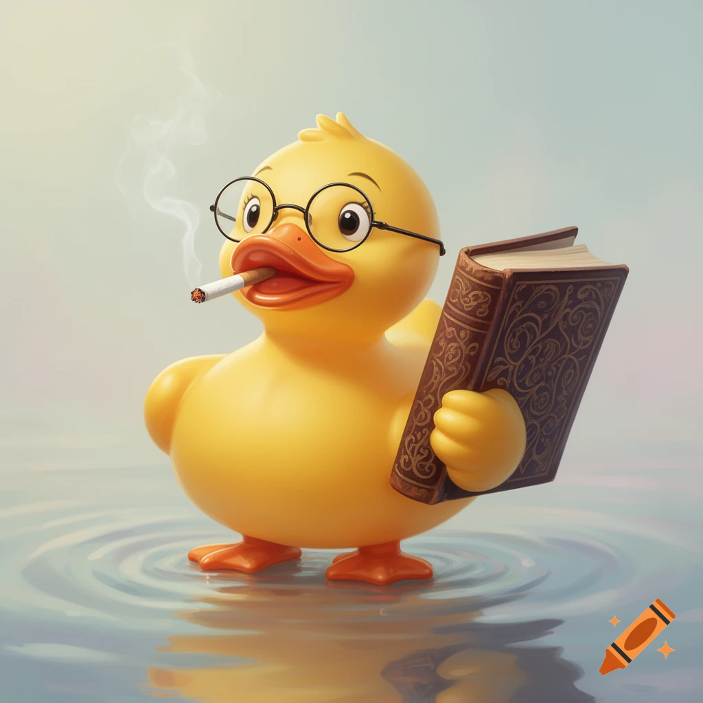 Cartoon rubber duck wearing glasses, holding a book, and smoking a cigarette while standing in water.
