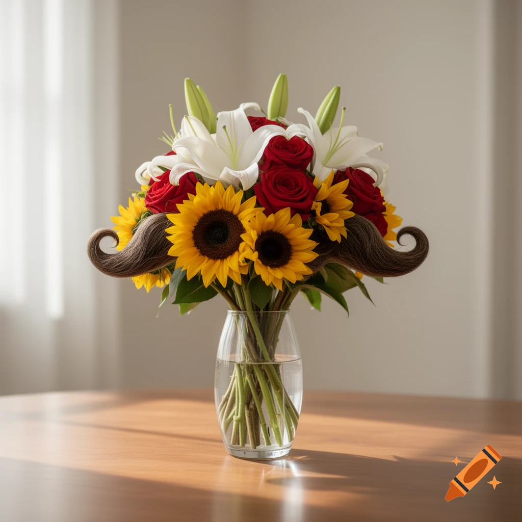A whimsical bouquet of red roses, white lilies, and sunflowers featuring curly brown mustaches, in a glass vase on a wooden table.