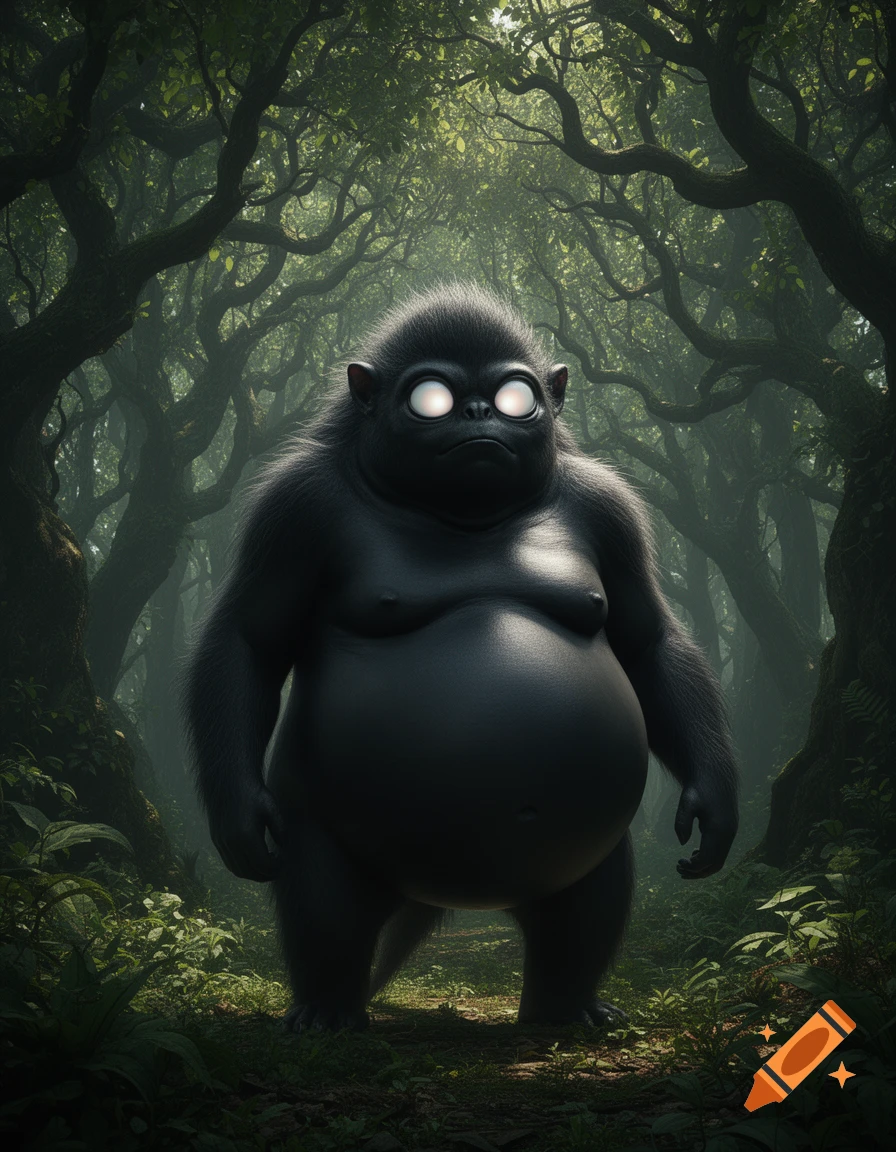 A dark, plump, monster-like creature with large glowing white eyes stands in a lush, green jungle.