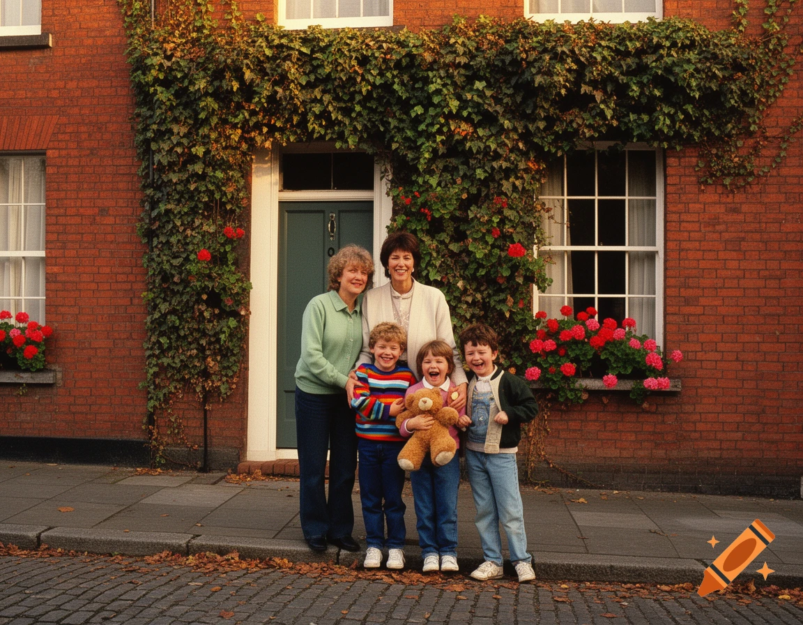 A smiling family, two women and two boys, pose in front of a brick house covered in ivy and red flowers.