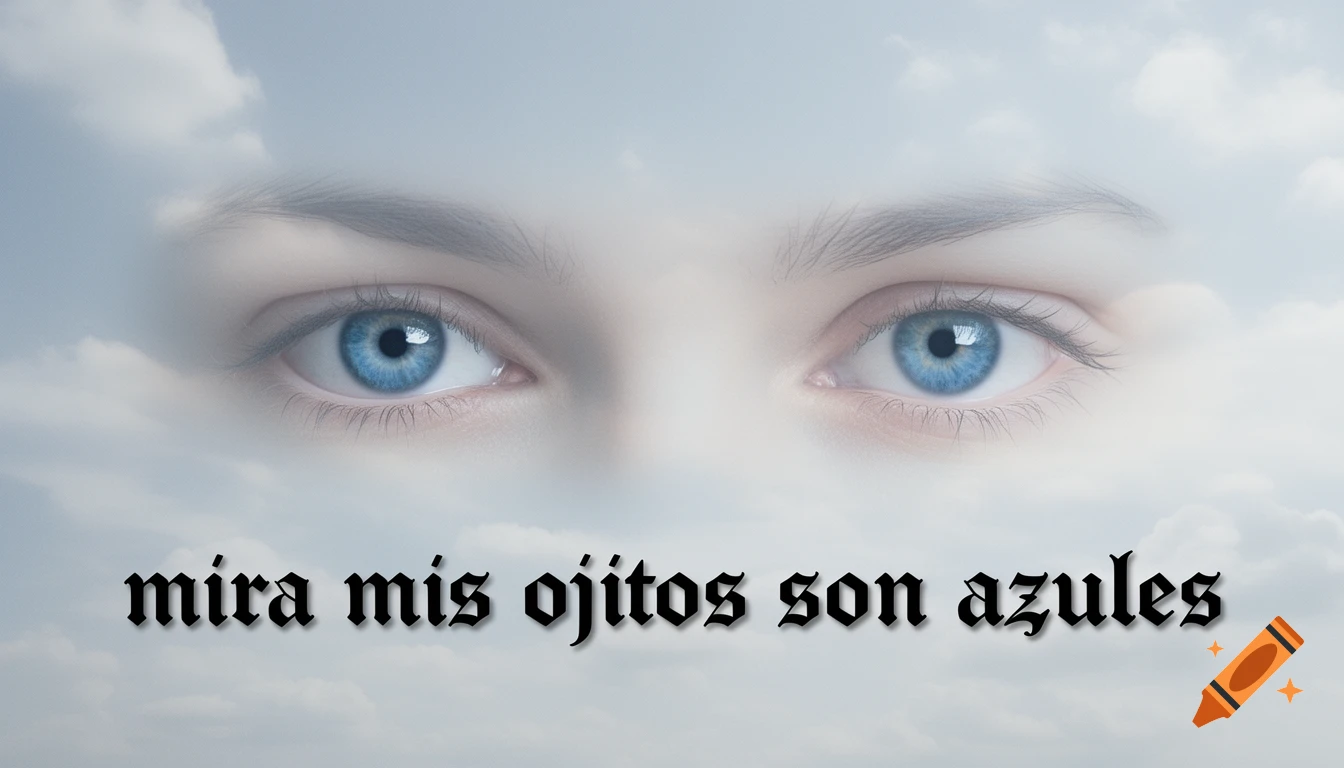 A pair of semi-transparent blue eyes gaze forward, blended into a cloudy blue sky, with gothic text "mira mis ojitos son azules" below.