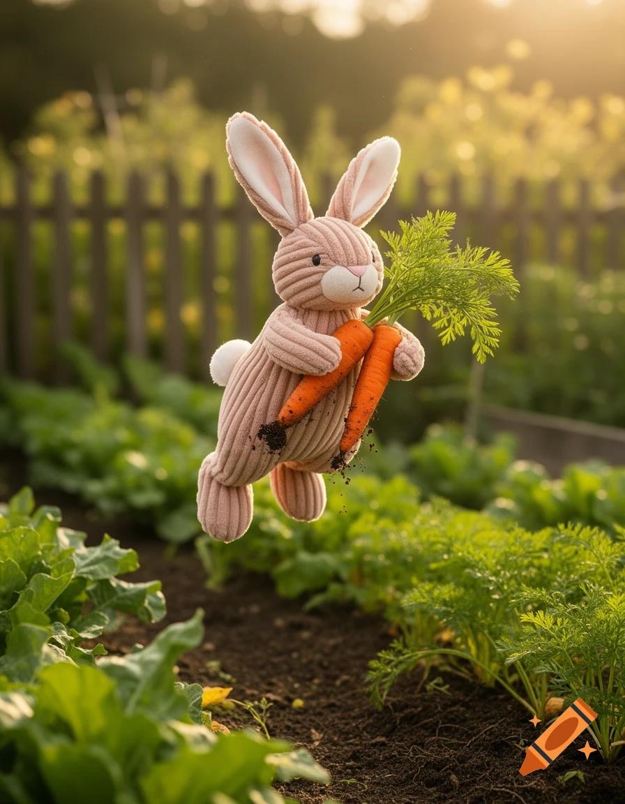 A plush Cordy Roy style bunny, light brown with ribbed texture, floats above a garden bed, holding two fresh carrots covered in soil, under golden sunlight.