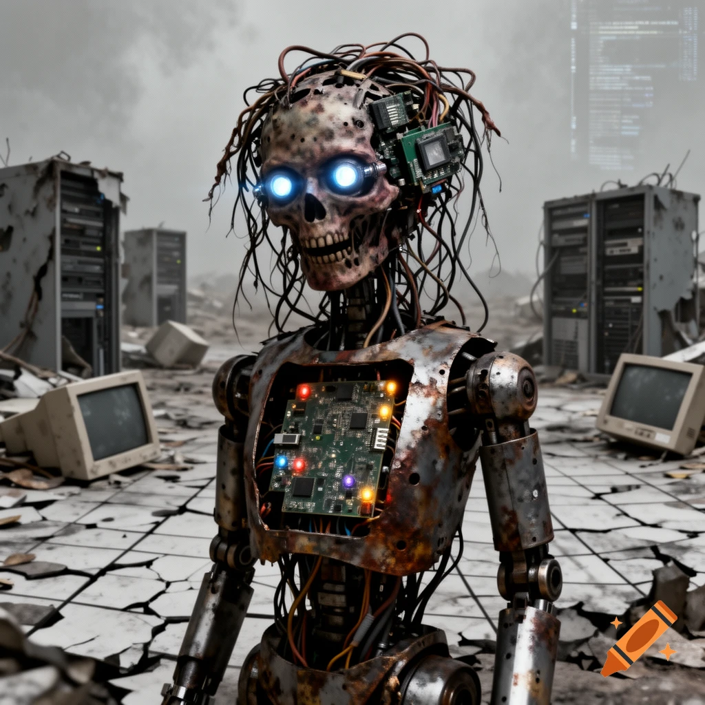 A rusted, skeletal robot with glowing blue eyes and exposed circuitry stands in a ruined cityscape with broken computers.