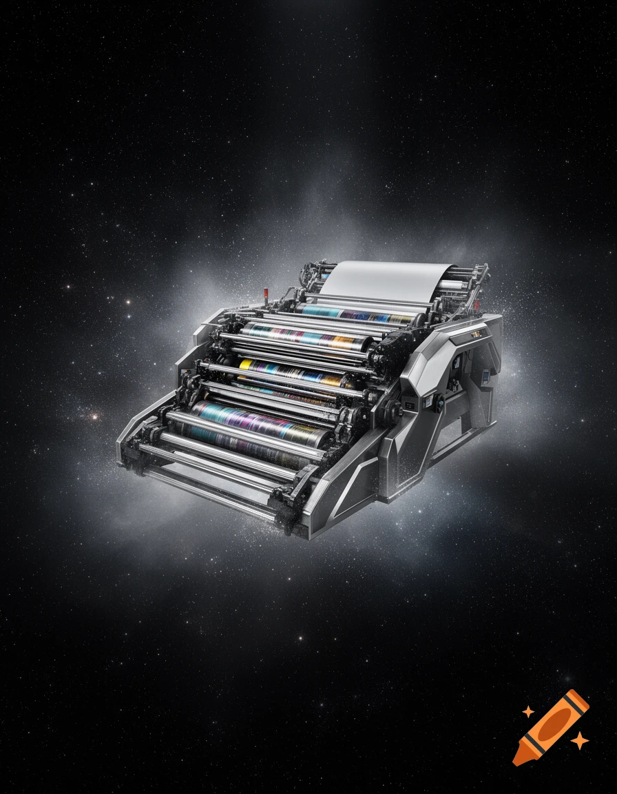 A large industrial printing press with colorful ink rollers floats in dark outer space among stars.