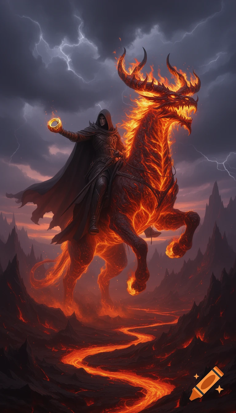 A dark lord on a fiery, horned demon creature rides through a volcanic, lightning-storm landscape, holding a glowing golden ring.