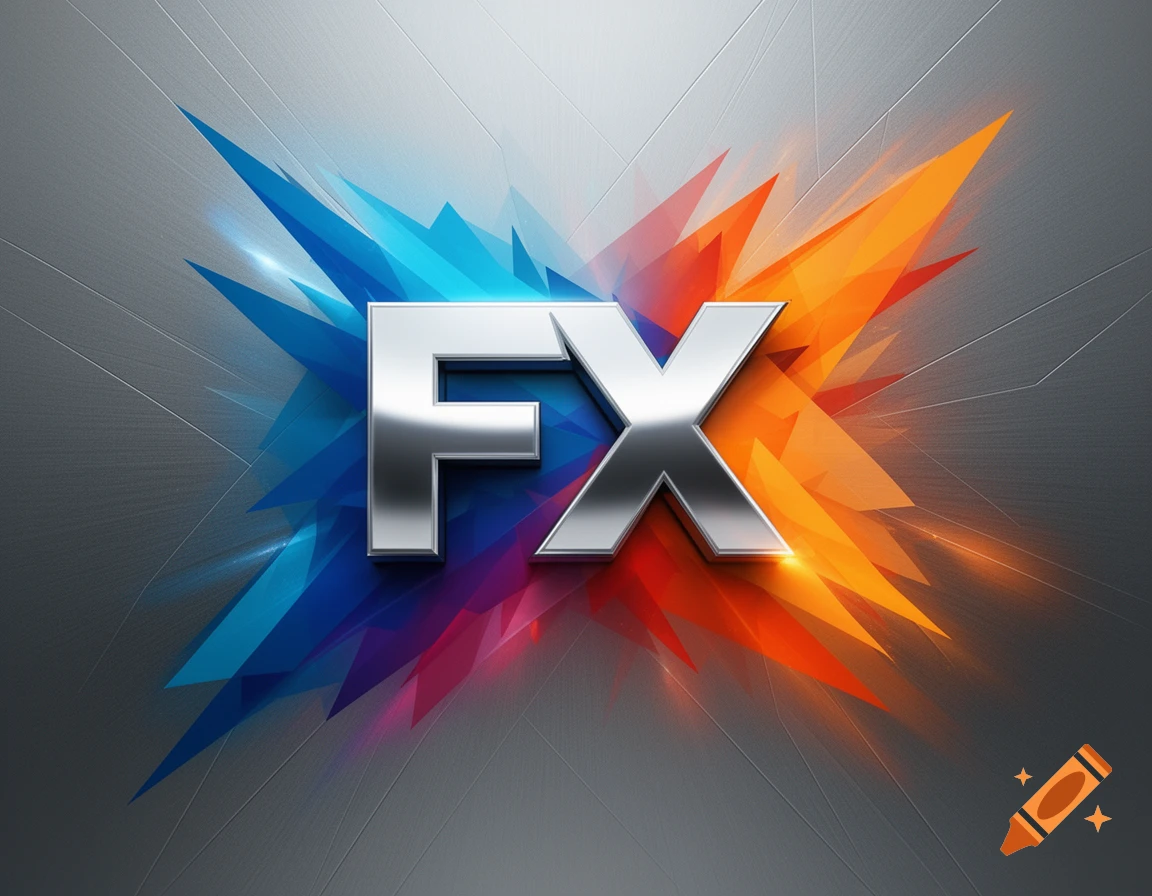 Shiny silver 'FX' letters burst with blue and orange sharp abstract shapes on a brushed gray metallic background, digital art.
