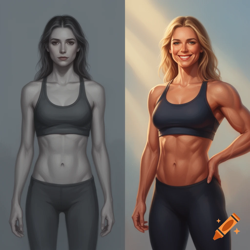 Digital art showing a side-by-side comparison of two women: one lean and gray, the other muscular, vibrant, and smiling.